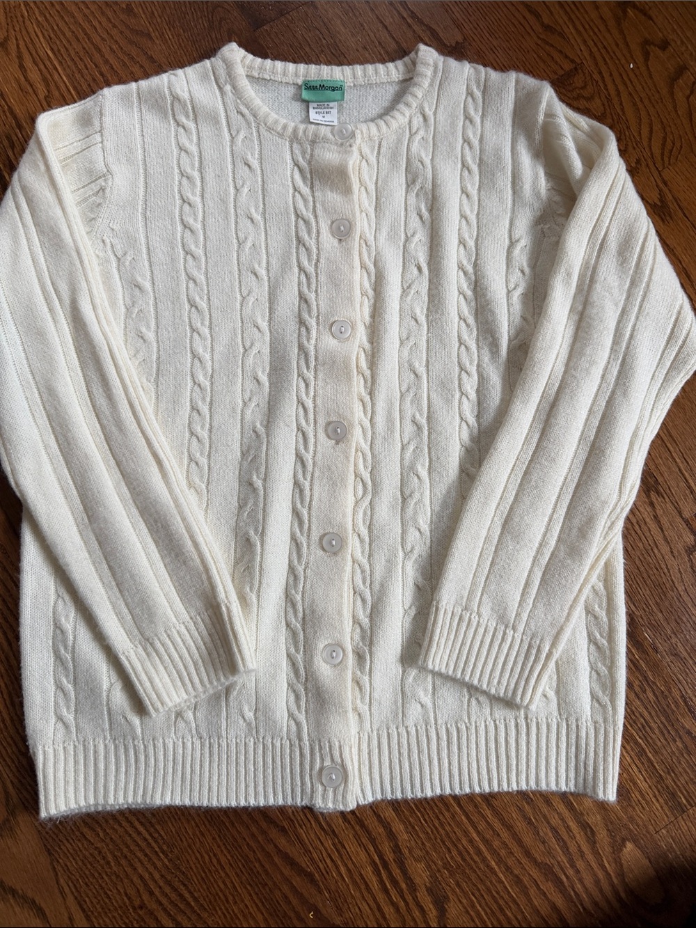 Sara Morgan crew neck cardigan cable knit cream sweater - size M - VINTAGE